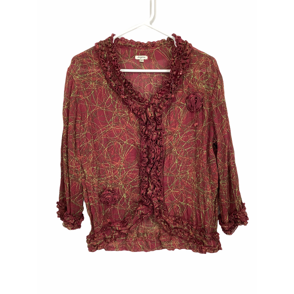 Agora Mauve Rose Geometric Ruffled Blouse Medium